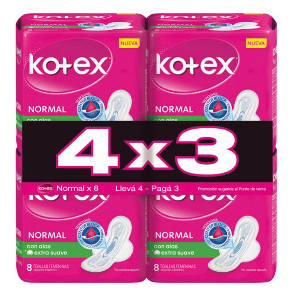 Imagen de KOTEX TOALLAS NORMAL ALAS PACK 4x3 [32 uni.]