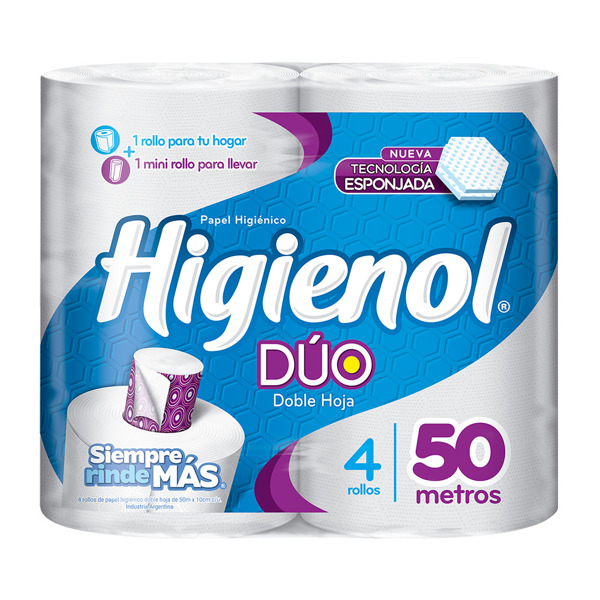 Imagen de HIGIENOL PAPEL HIGIENICO DUO DOBLE HOJA 50 mts [4 uni.]