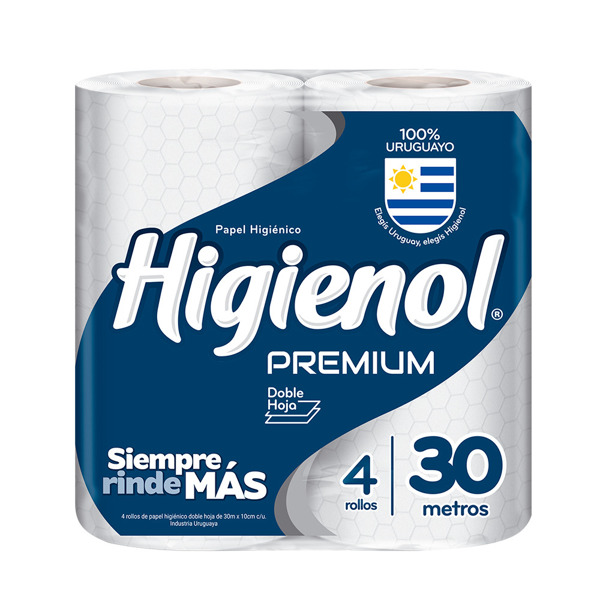 Imagen de HIGIENOL PAPEL HIGIENICO PREMIUM DOBLE HOJA 30 mts [4 uni.]