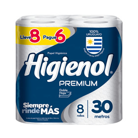 Imagen de HIGIENOL PAPEL HIGIENICO PREMIUM DOBLE HOJA 30 mts [8x6 uni.]