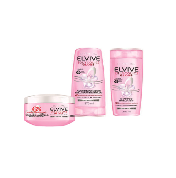 Imagen de ELVIVE GLYCOLIC GLOSS COMBO SHAMPOO + ACONDICIONADOR + CREMA TRATAMIENTO [370+370+300ml]