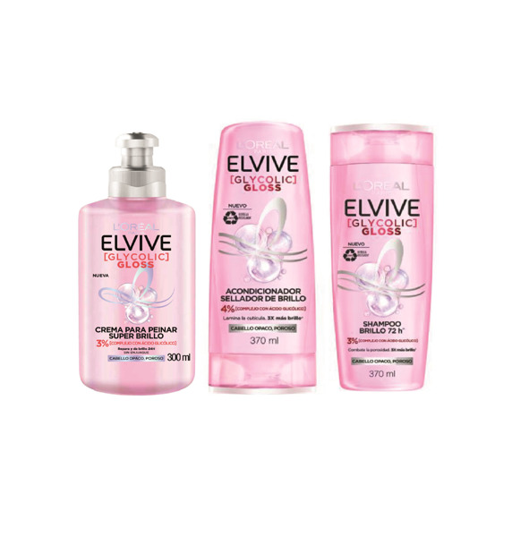 Imagen de ELVIVE GLYCOLIC GLOSS COMBO SHAMPOO + ACONDICIONADOR + CREMA DE PEINAR [370+370+300ml]